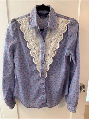 Vintage Panhandle Slim Floral Western Blouse Eyelet Lace Made USA Size 10